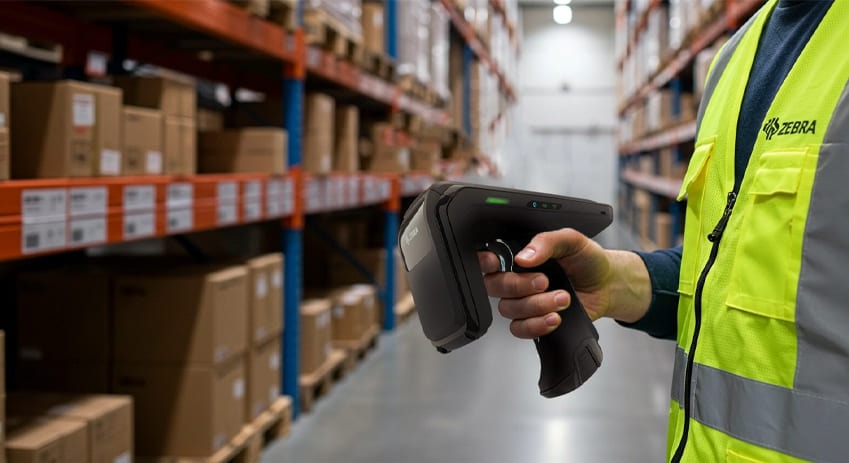 Lecteur RFID Zebra RFD40 UHF utilisé en entrepôt pour la gestion des stocks
